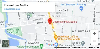 A map of the location of cosmetic ink studio