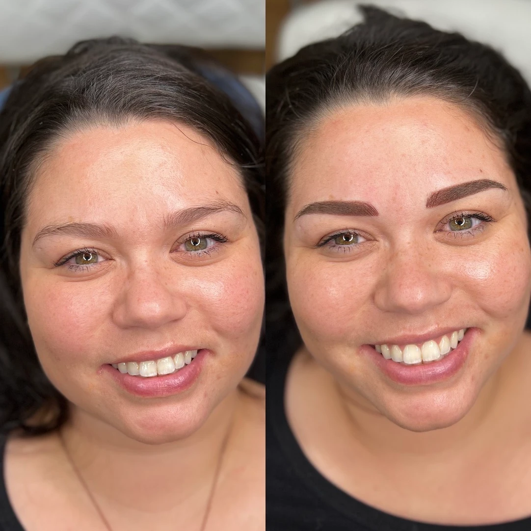 A before and after picture of the same woman 's eyebrows.
