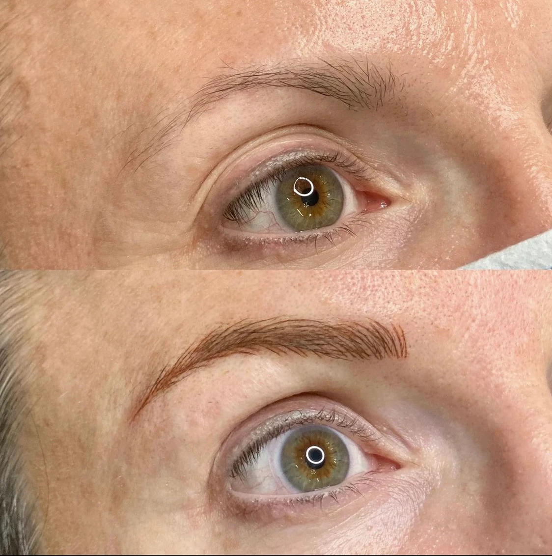 A before and after picture of the brows of a woman