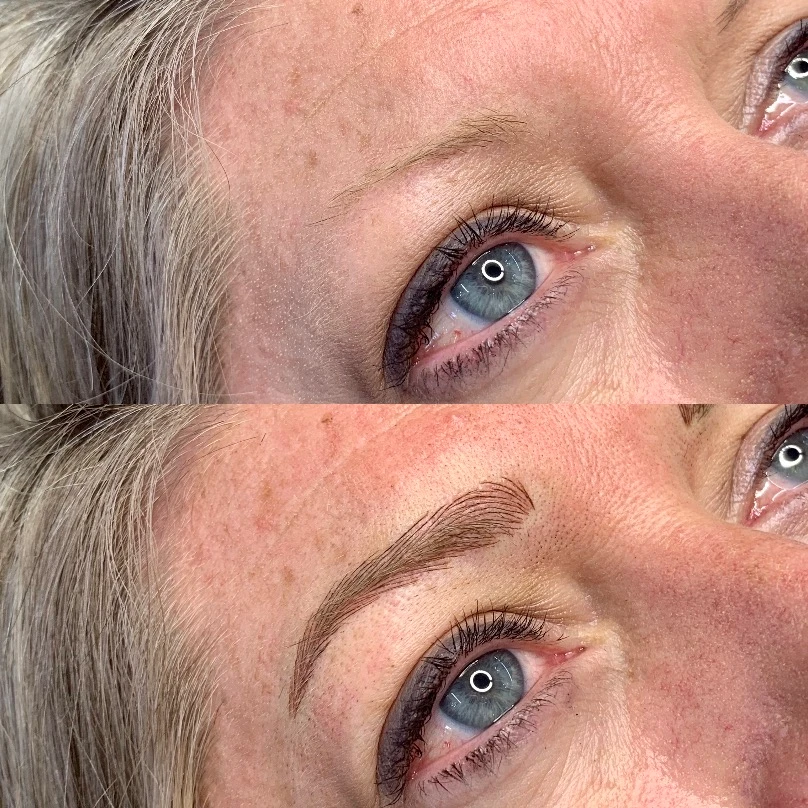 A before and after picture of the brows of a woman