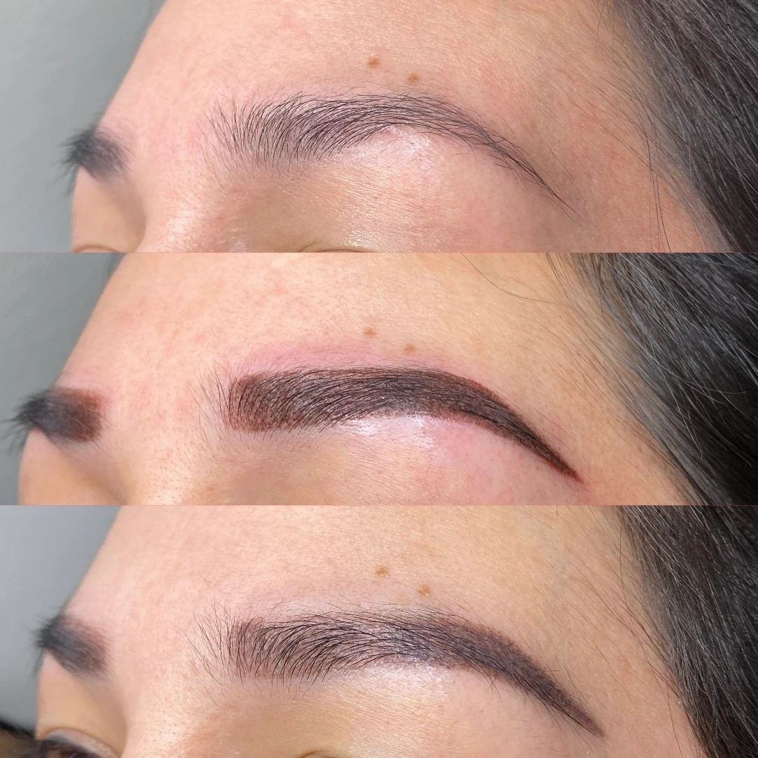 A woman with different stages of her brows being tattooed.