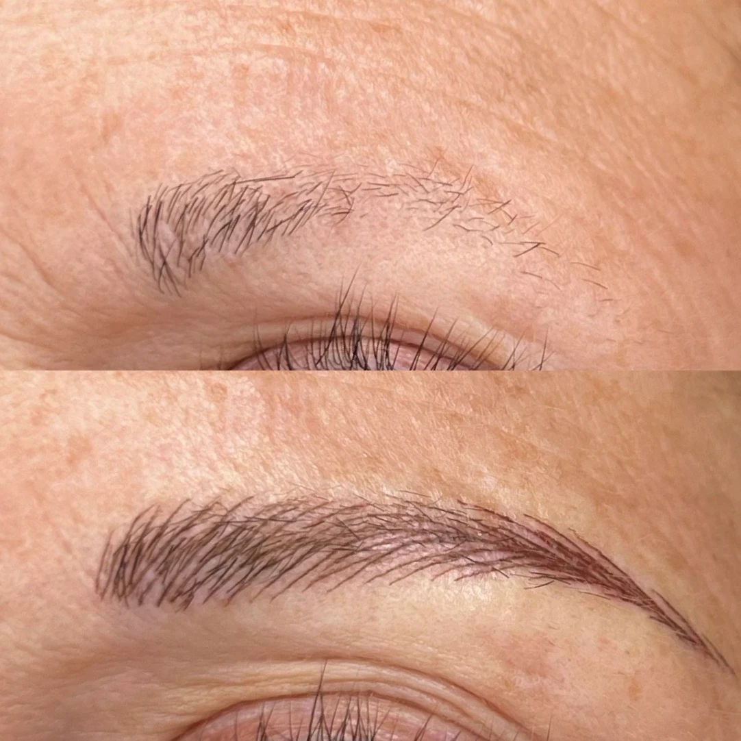 A before and after picture of the brows of a woman.