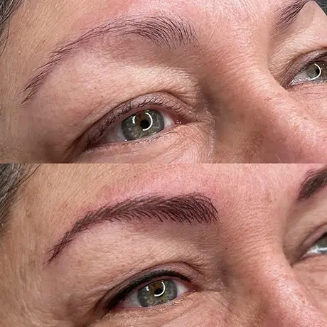 A before and after picture of a woman 's eyebrows.