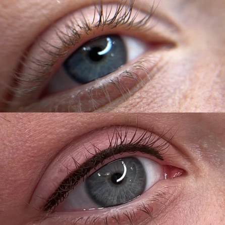 A close up of the eye with and without eyeliner.