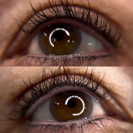 A close up of the eye with and without contact lenses.
