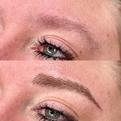 A before and after picture of a woman 's brows.