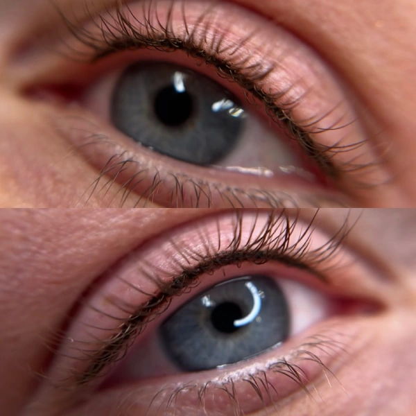 A close up of the eye with and without contact lenses.
