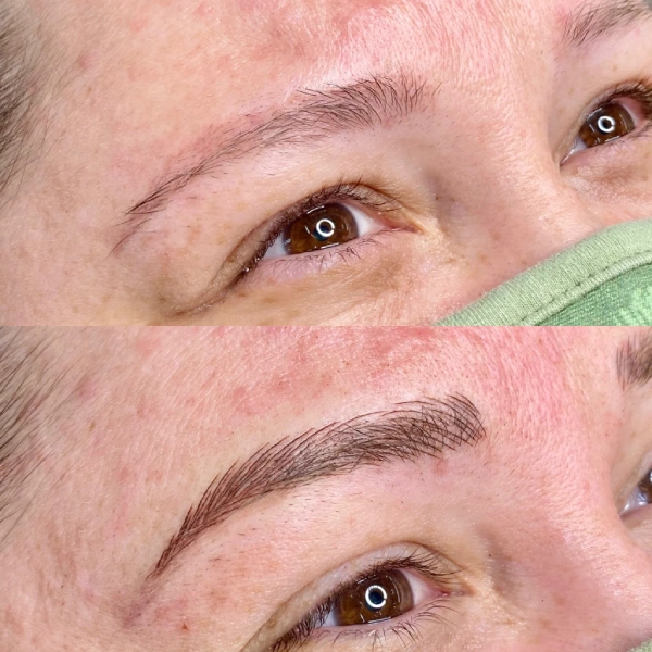 A before and after picture of a woman 's brows.